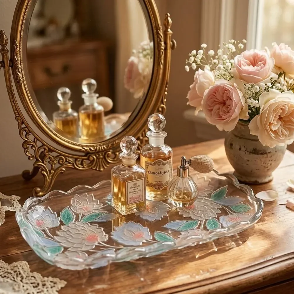 Vintage Crystal Clear Studios Chrysanthemum Lotus Frosted Glass Tray